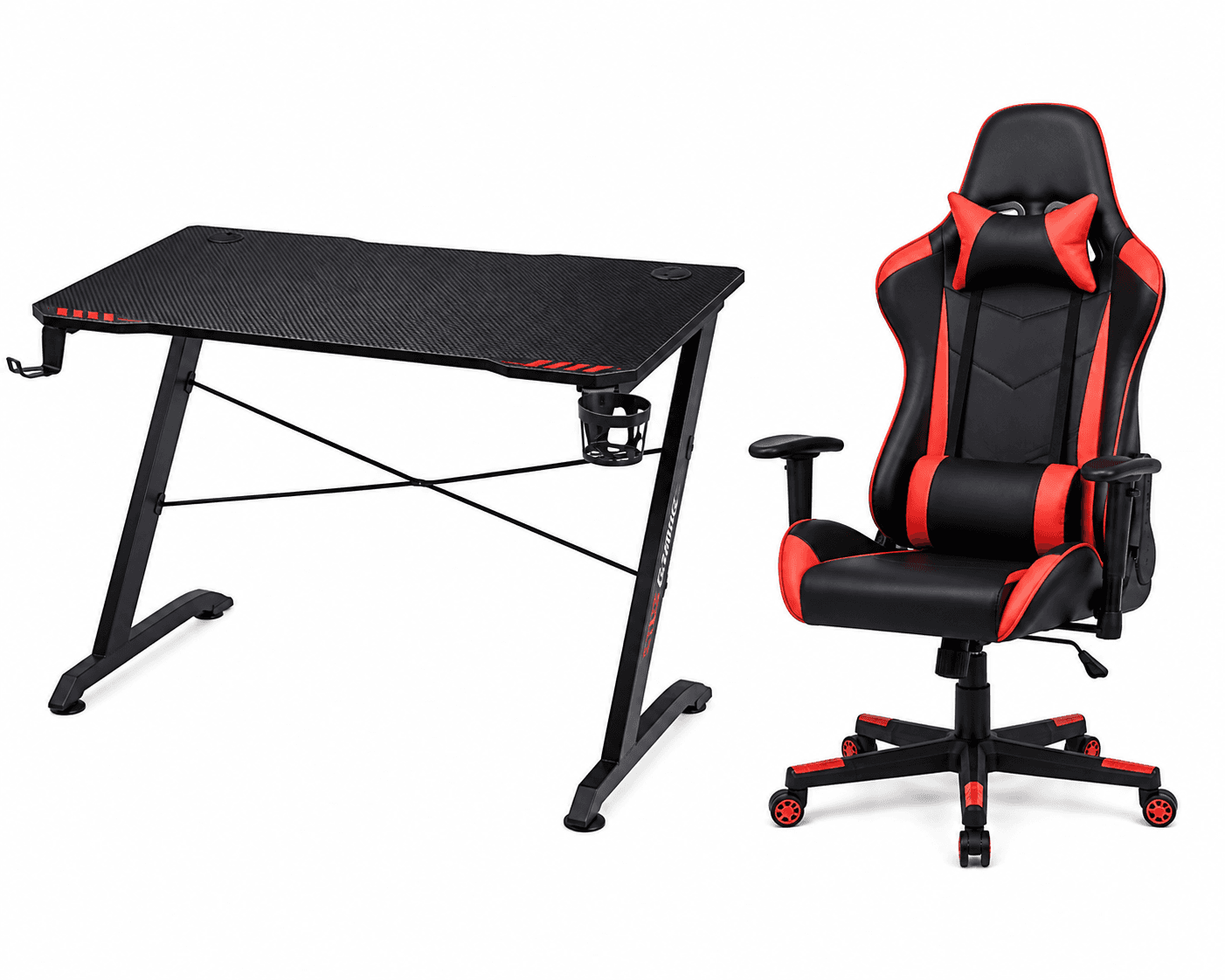 Gaming desk setup with monitor, chair, keyboard, and mouse