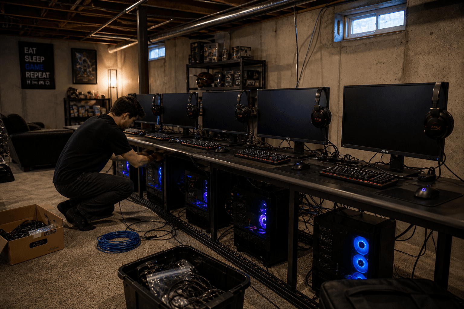 Gaming stations being set up with monitors and cables